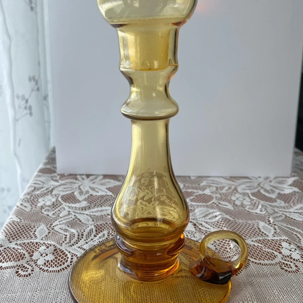Vintage Amber-Coloured Handblown Glass Candle Holder Retro Decor - Picture 2 of 6